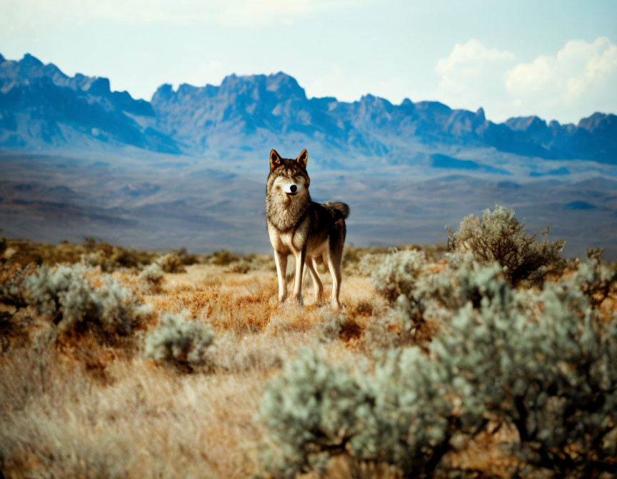 Lone wolf in sparse desert landscape with distant mountains