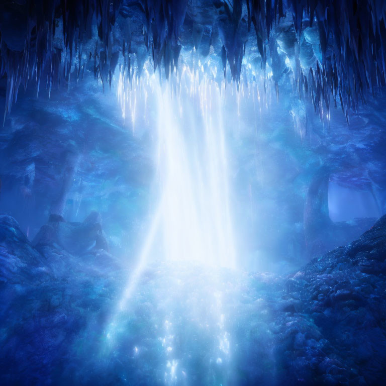 Glowing underground cave with stalactites and blue light