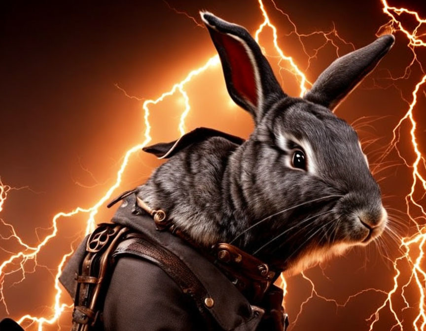 Adventurous rabbit in leather harness under dramatic lightning