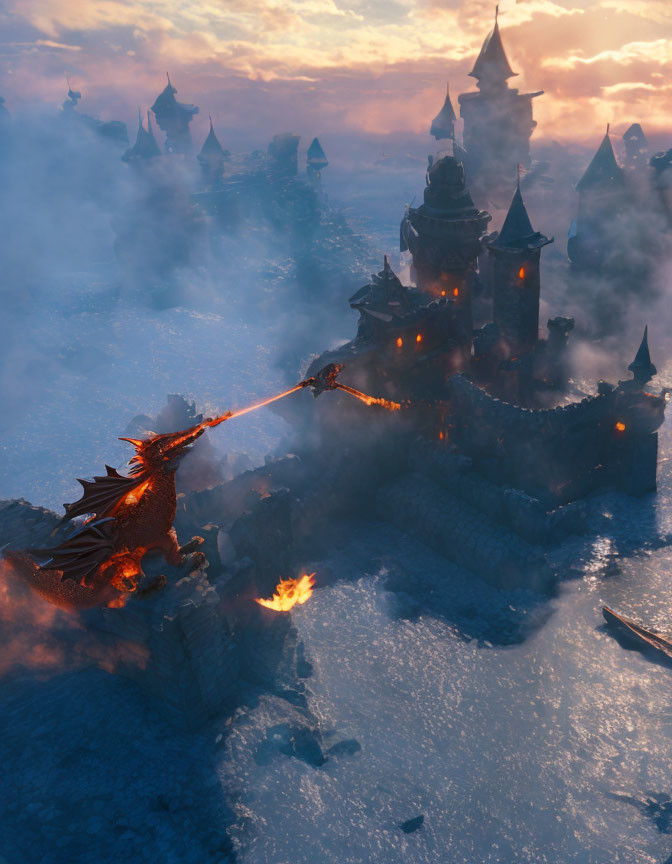 Dragon breathing fire on medieval castle in twilight mist