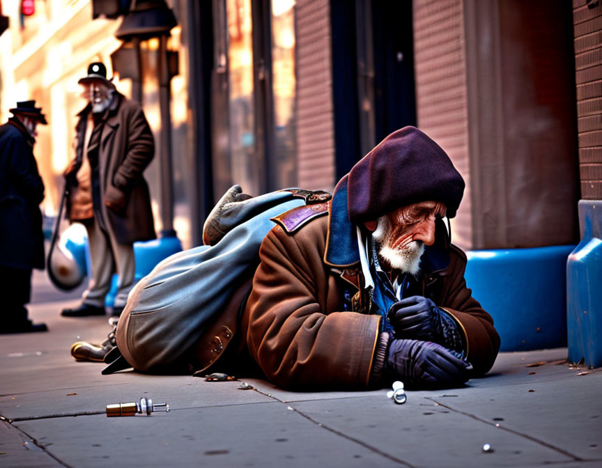 Elderly man in brown coat on city street, pedestrians passing by