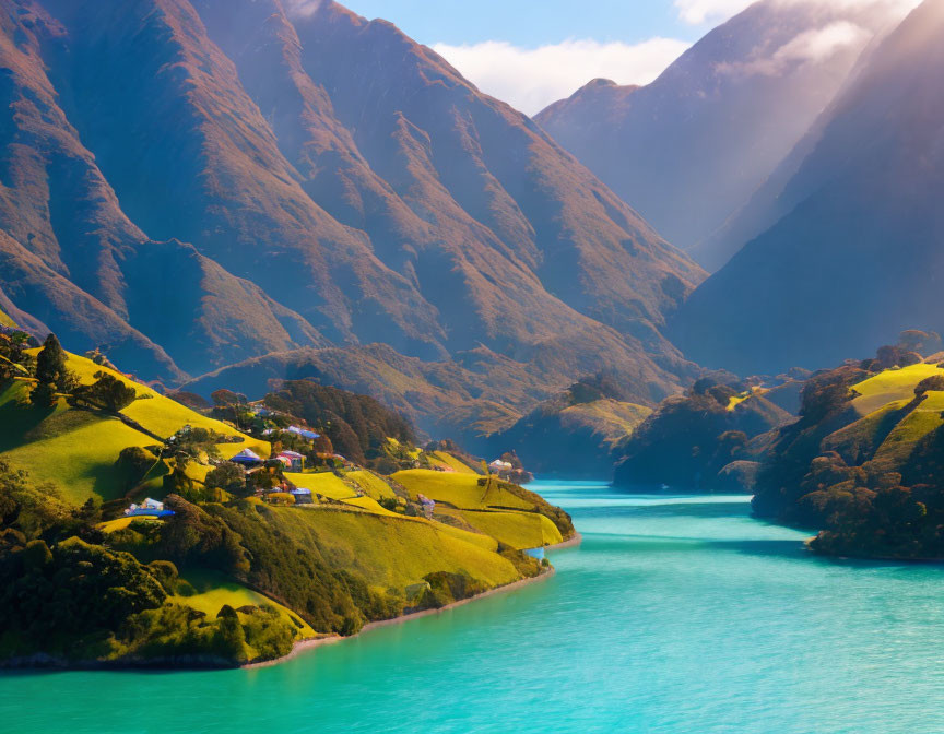 Tranquil landscape: turquoise lake, green hills, majestic mountains