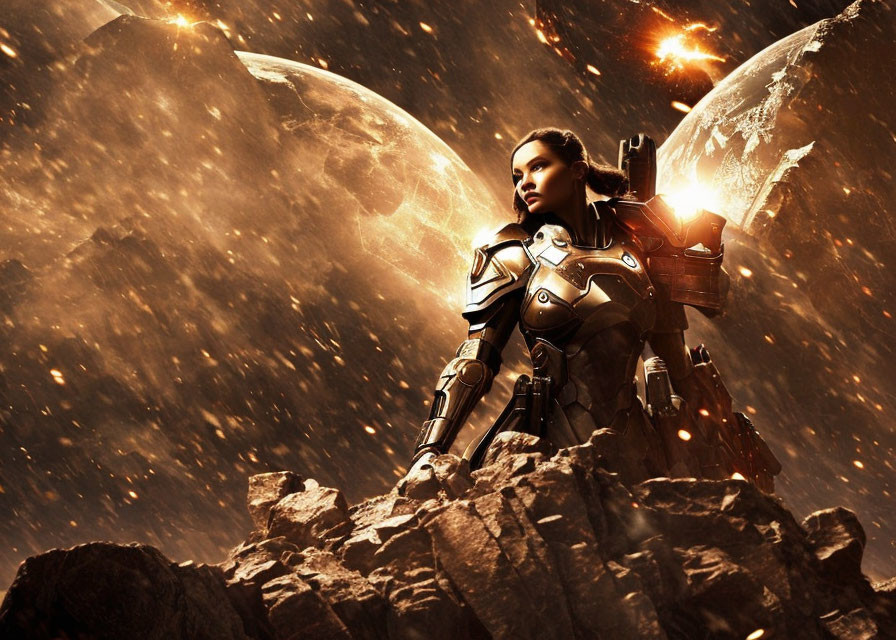 Female Warrior in Futuristic Armor on Rocky Terrain with Celestial Background