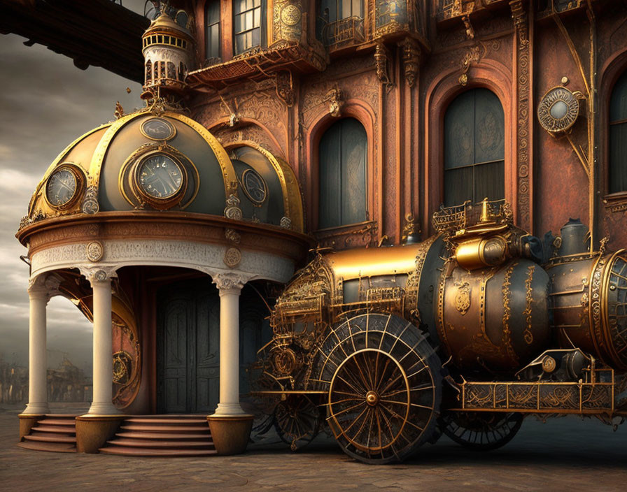 Steampunk train with gold details next to baroque architecture under cloudy sky