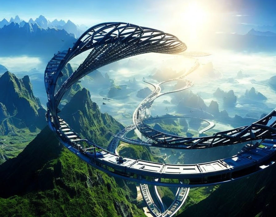 Circular bridge in mountainous landscape under clear sky