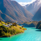 Tranquil landscape: turquoise lake, green hills, majestic mountains