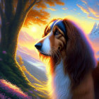 Colorful illustration: Majestic dog in forest sunset