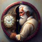 Elderly man with white beard in regal attire fused into ornate clock design