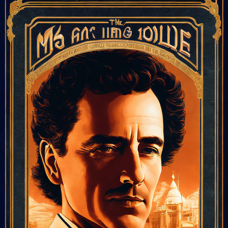 Illustrated vintage movie poster with ornate borders and decorative text