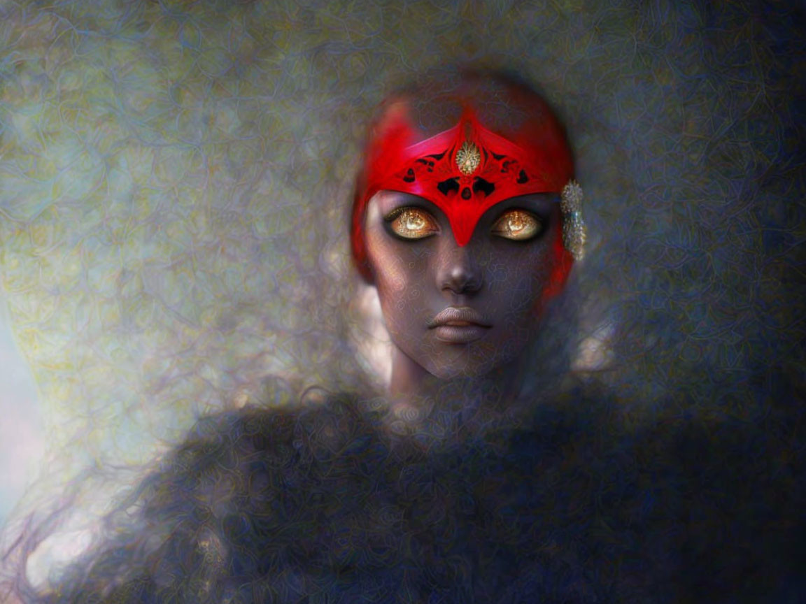 Dark-eyed figure in red mask with golden patterns on abstract background