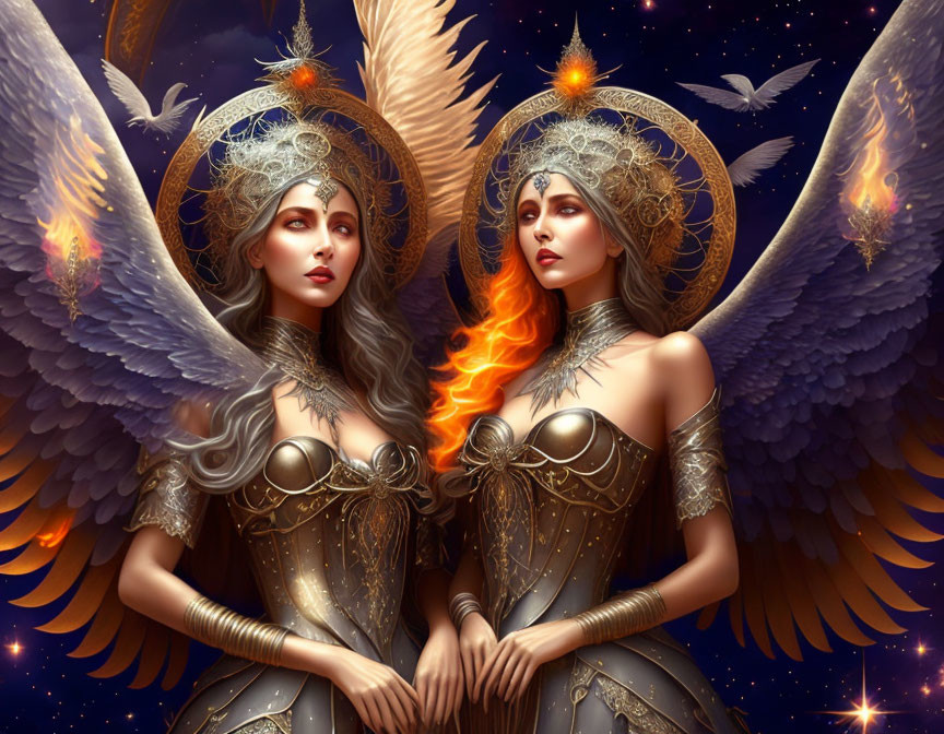 Identical female angelic figures in ornate armor under a starry sky