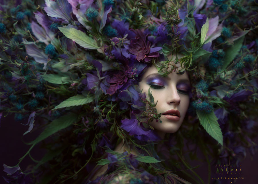 Woman's Face Blends with Purple and Green Flowers