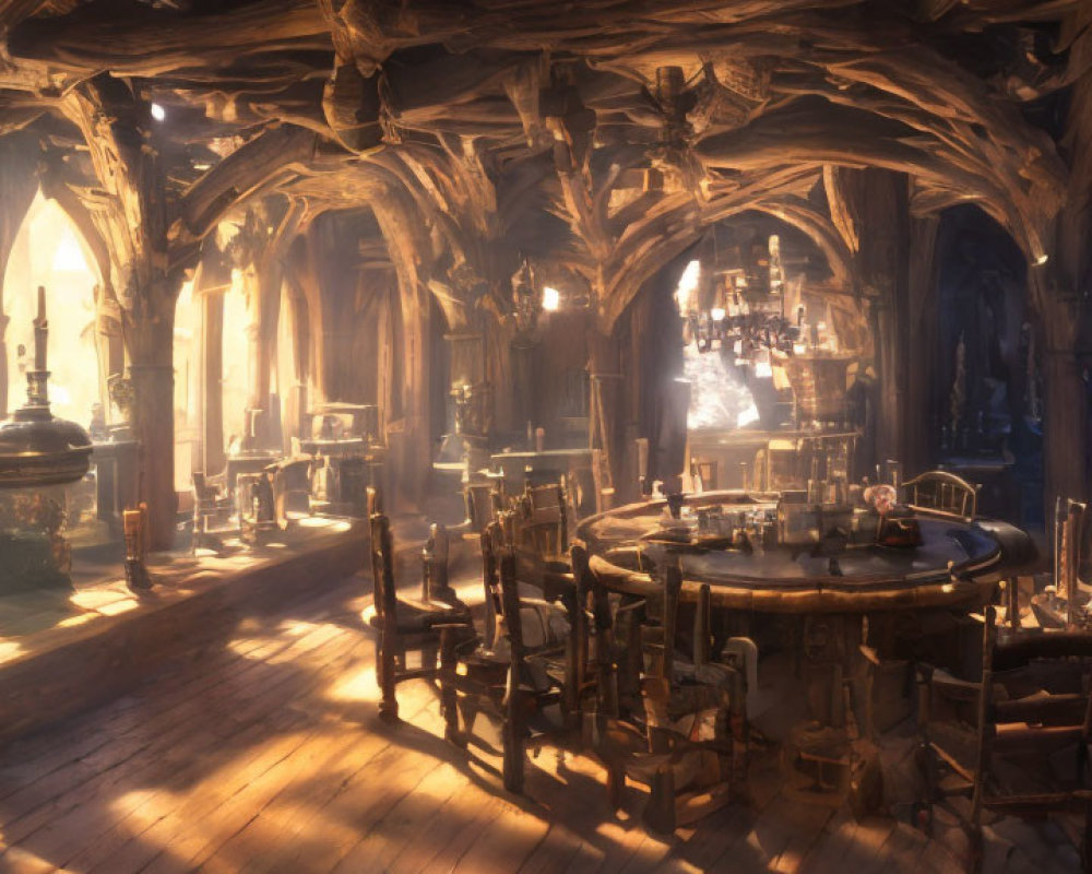 Medieval-style wooden interior with round tables and ornate details
