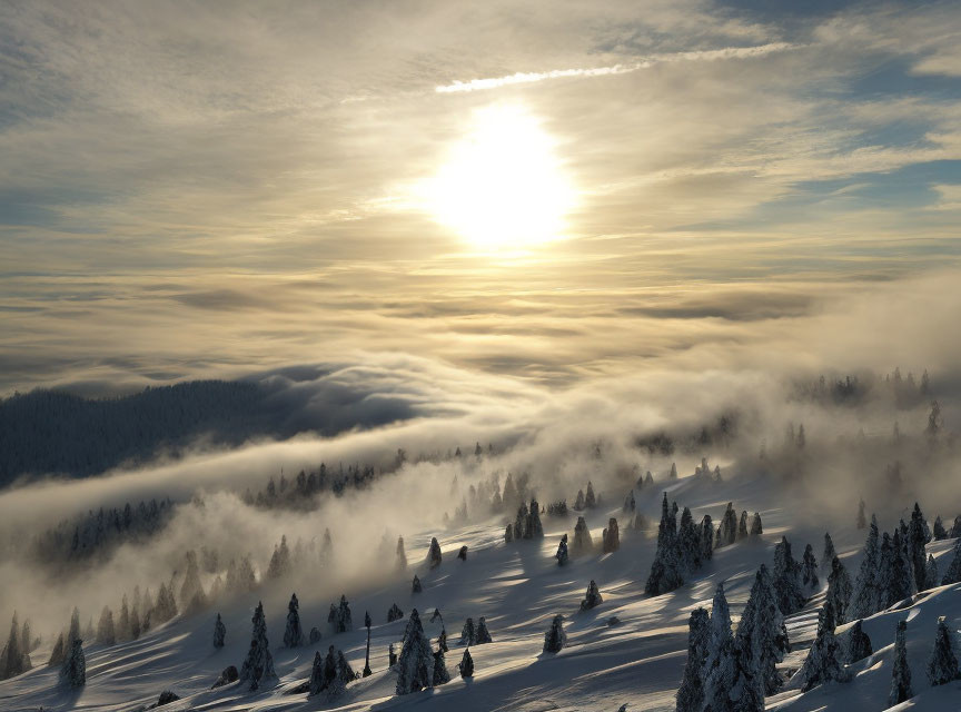 Winter sunrise over foggy snow-covered forested hills