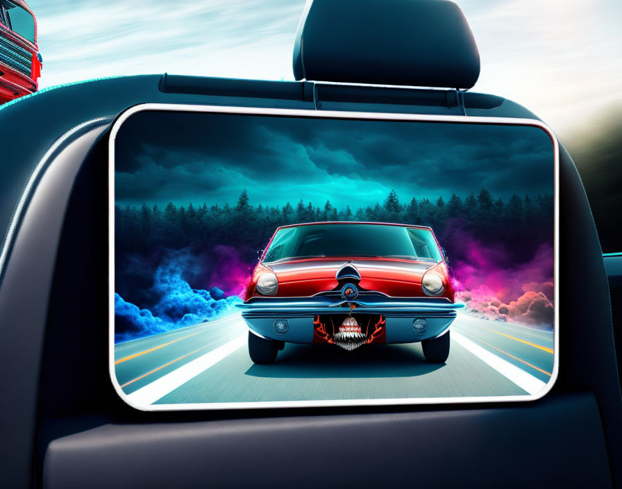 Vintage red car on road with colorful smoke clouds in rearview mirror