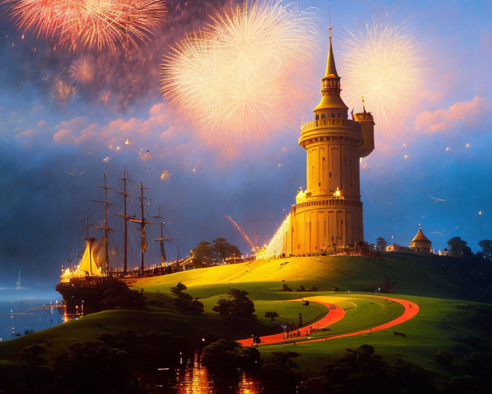 Castle on Hill with Twilight Fireworks and Docked Ship