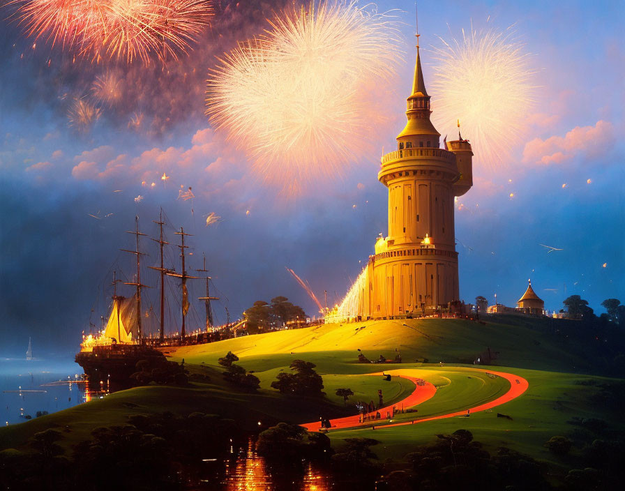 Castle on Hill with Twilight Fireworks and Docked Ship