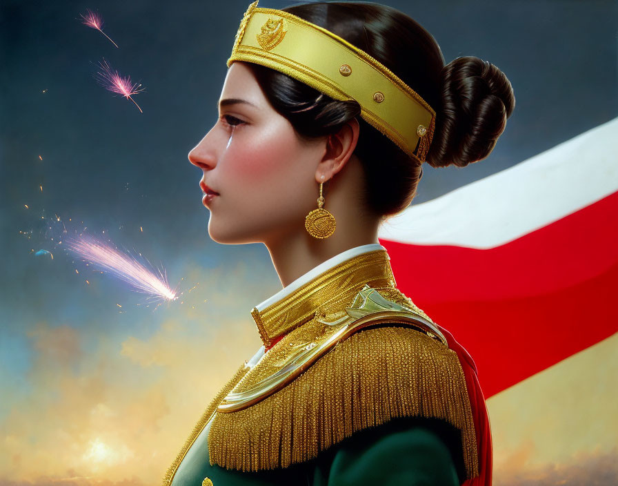 Portrait of Woman in Military-Style Uniform with Headband, Dusk Sky Background