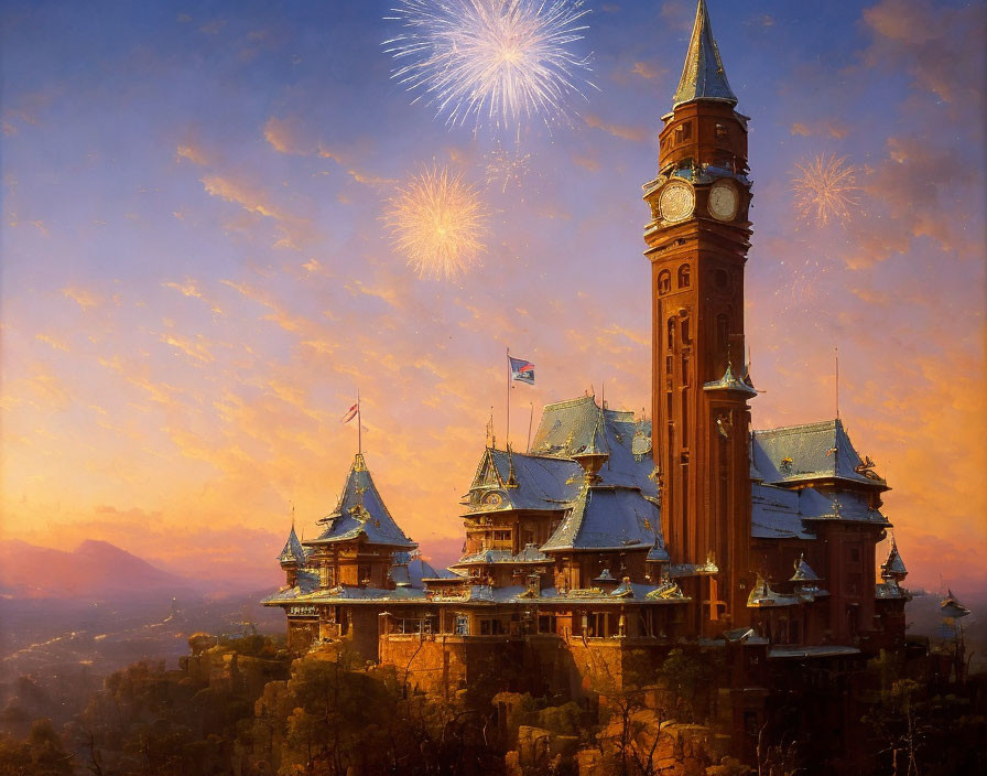 Castle with clock tower and fireworks at sunset