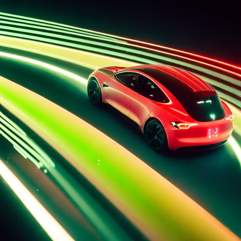 Red Car in Motion with Dynamic Green and Yellow Light Streaks