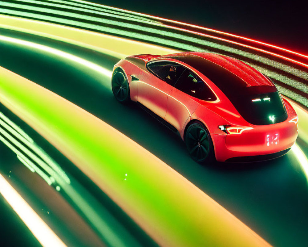 Red Car in Motion with Dynamic Green and Yellow Light Streaks
