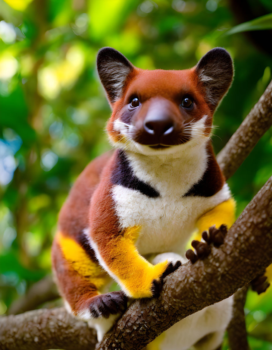 Alert tree-dwelling mammal on branch with green foliage