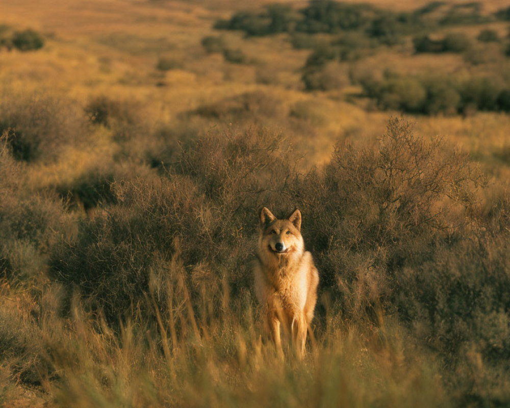 Solitary wolf in golden-lit wilderness among tall grasses