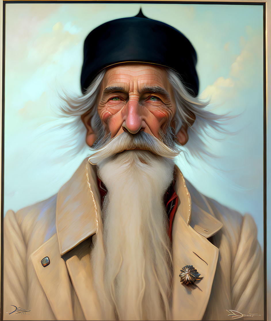 Illustration of elderly man with white beard, beret, tan coat, and medal.