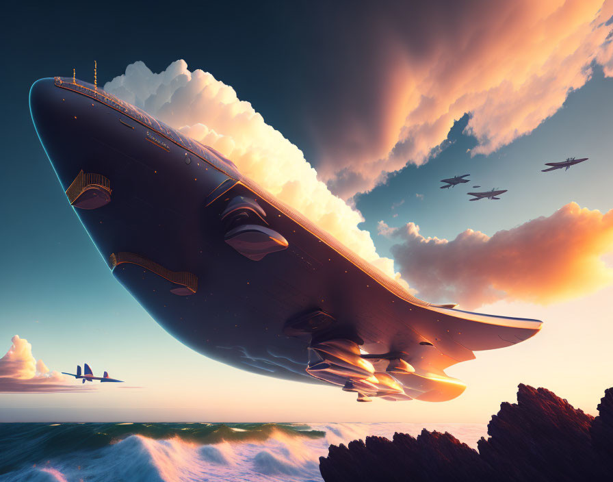 Futuristic airship and aircraft glide over ocean at sunset