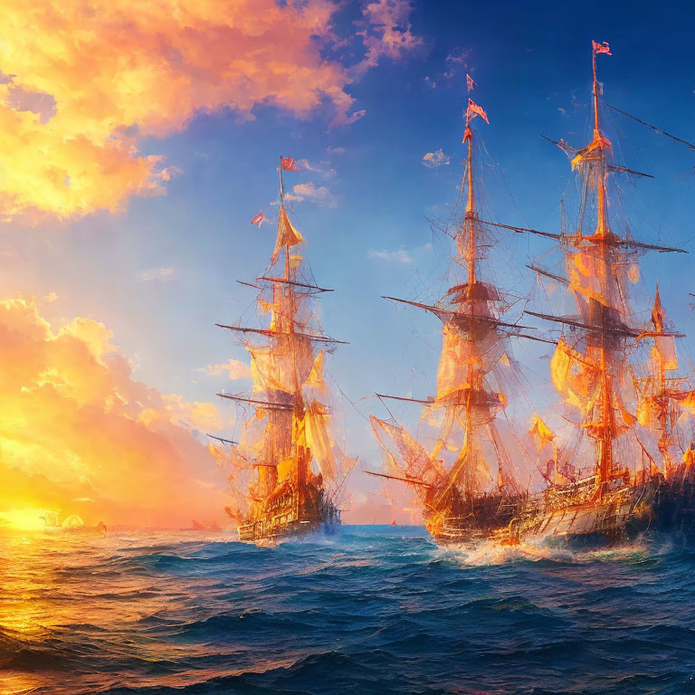 Majestic tall ships sailing on high seas at sunset