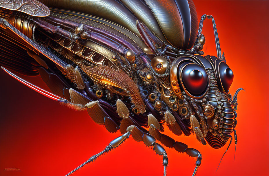 Detailed Mechanical Insect Artwork with Gears on Red Background