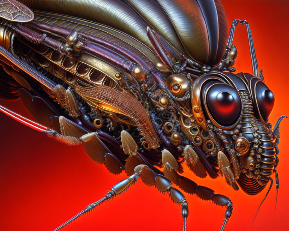 Detailed Mechanical Insect Artwork with Gears on Red Background