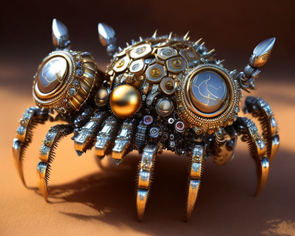 Steampunk-style mechanical spider with gears and clock parts on warm background