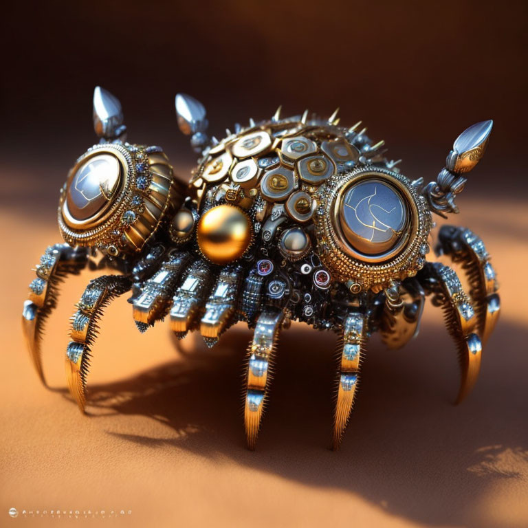 Steampunk-style mechanical spider with gears and clock parts on warm background