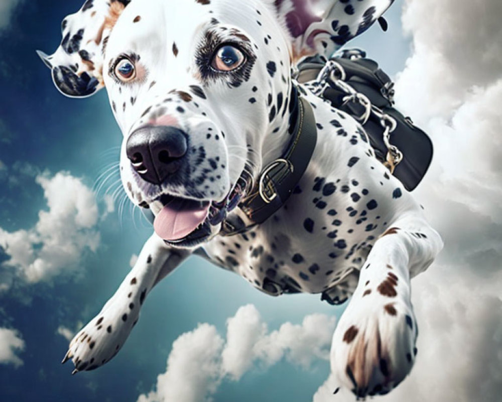 Dalmatian jumping in sky with collar and leash, tongue out