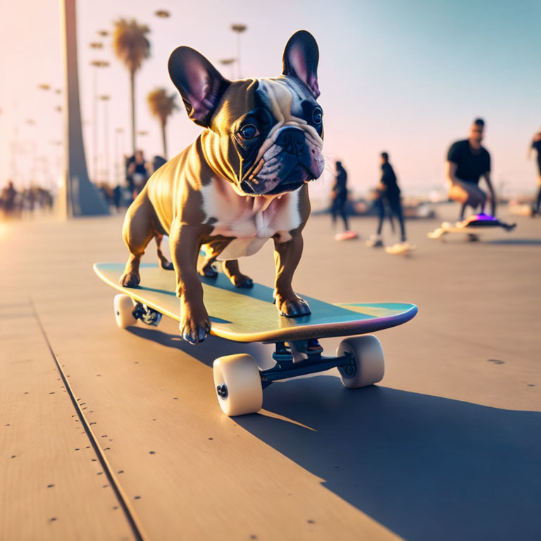 French Bulldog Skateboarding on Sunset Promenade with Blurred People