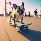 French Bulldog Skateboarding on Sunset Promenade with Blurred People