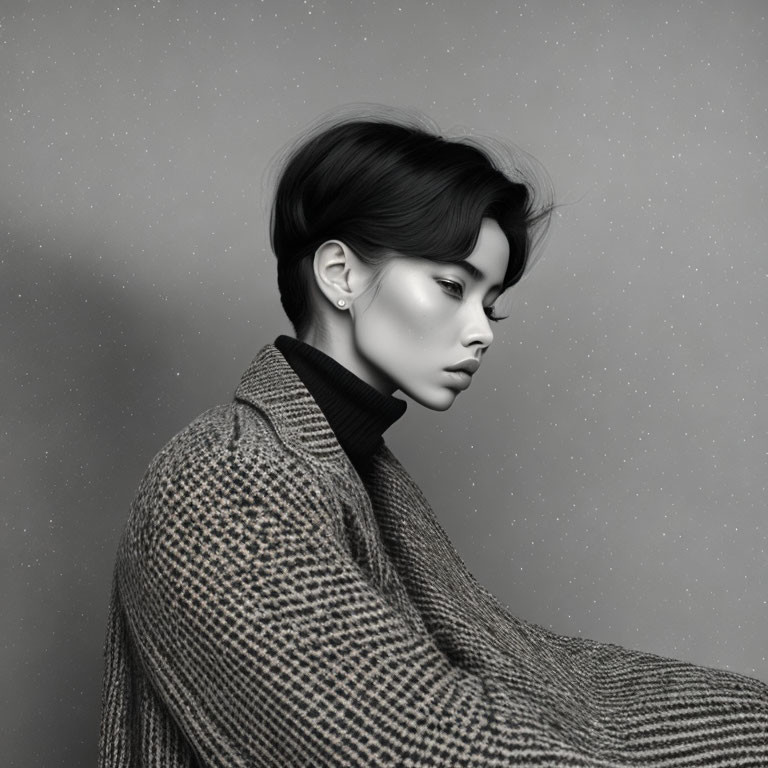 Monochrome portrait of person with sleek hair and high collar top on speckled grey background