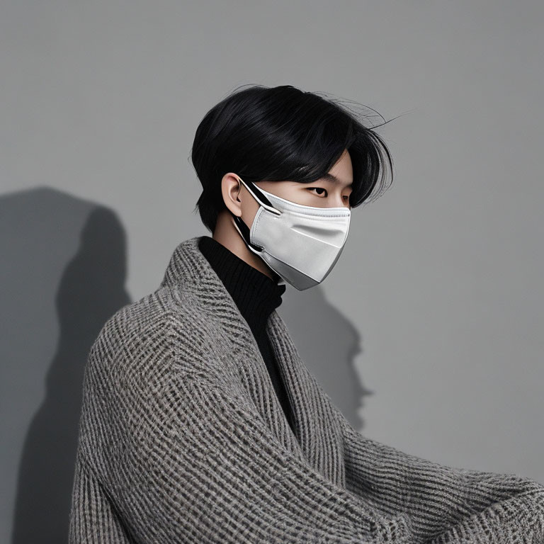 Dark-Haired Person in Gray Sweater and White Face Mask on Gray Background