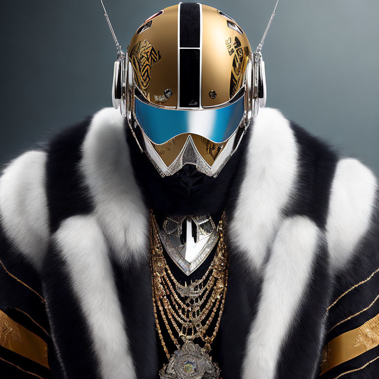 Stylized helmet with gold and black stripes on a person in ornate jewelry and fur coat