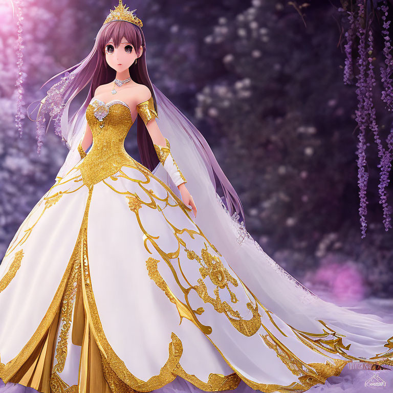 Illustrated bride in white and gold gown with veil and tiara on pink-flowered backdrop