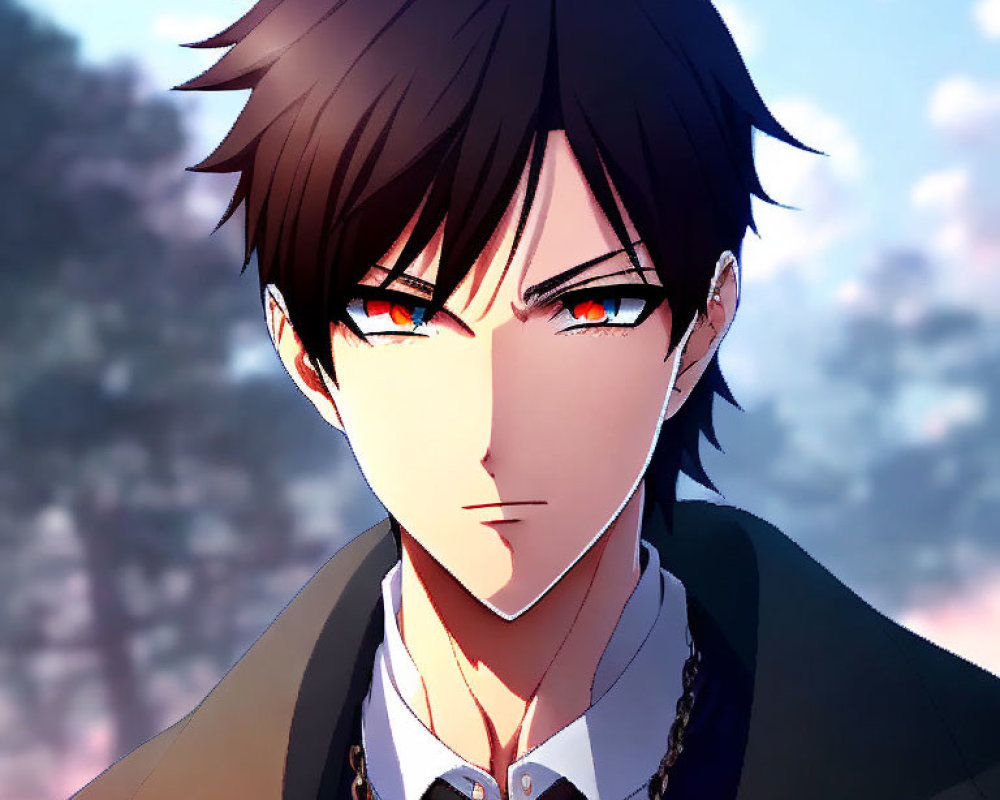 Spiky Brown-Haired Male Anime Character in Black Coat