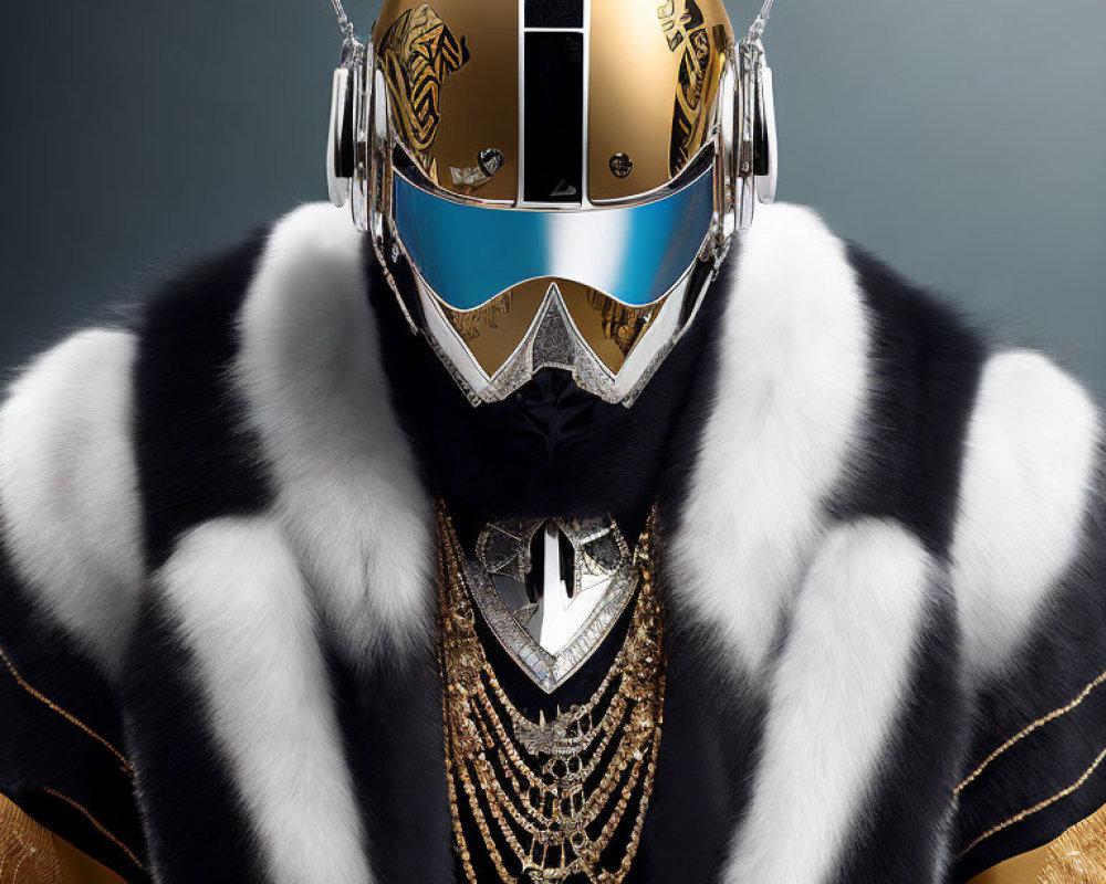 Stylized helmet with gold and black stripes on a person in ornate jewelry and fur coat