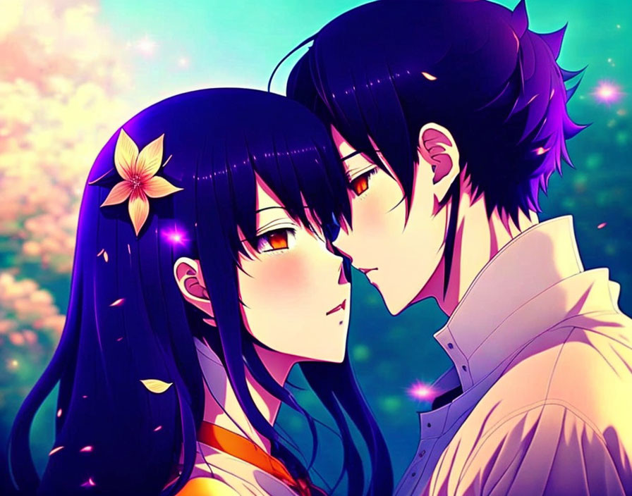 Male and female anime characters with dark hair together against vibrant background.