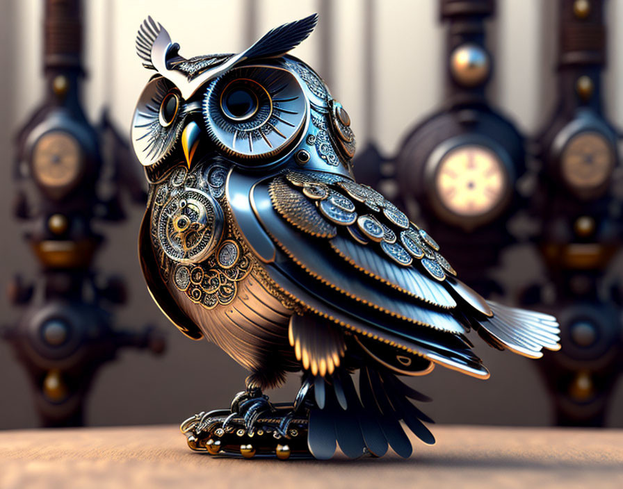 Steampunk Mechanical Owl with Metal Feathers and Gears on Clockwork Background