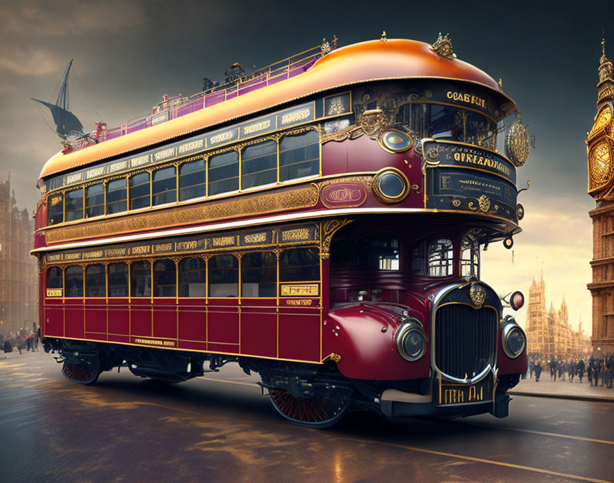 Vintage Double-Decker Bus in London Street at Sunset with Big Ben