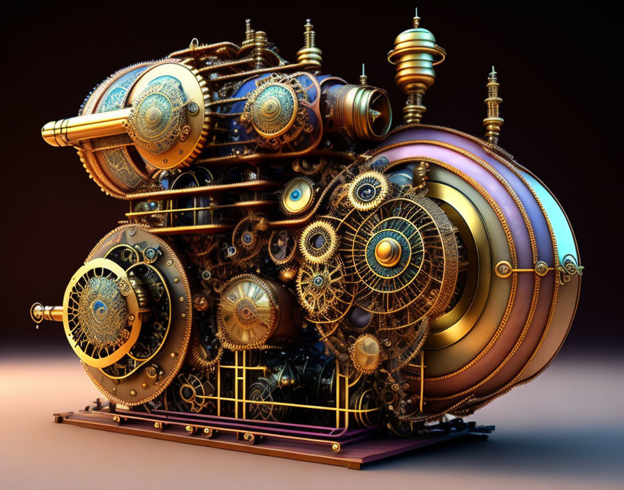 Intricate Steampunk Machine with Gears and Pipes on Dark Background