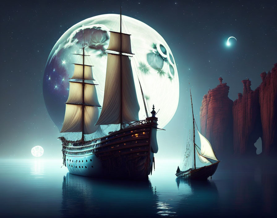 Sailing ship and small boat on calm night waters with moon and starlit sky