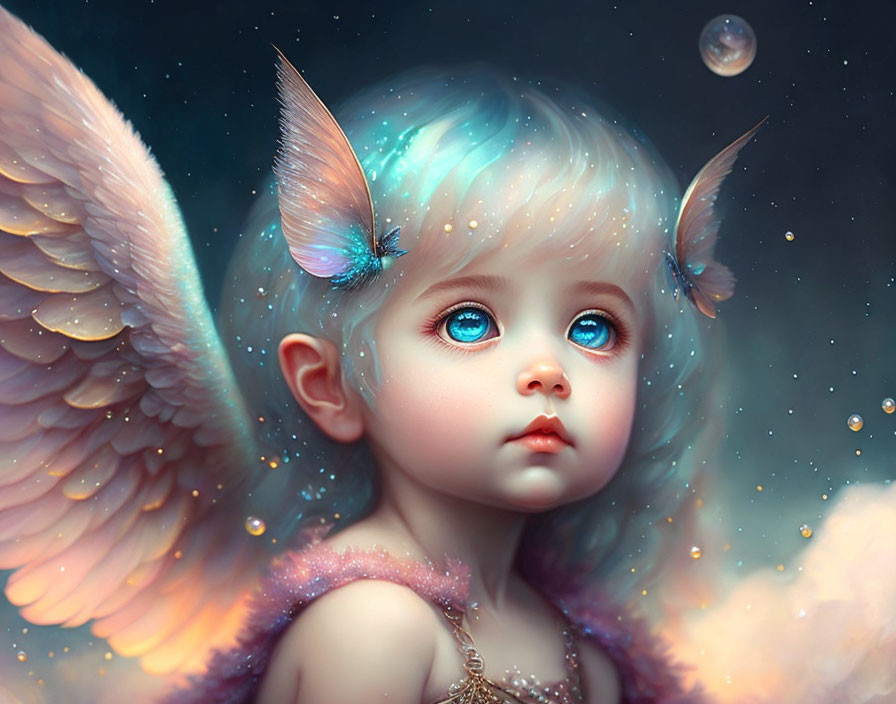 Child-like creature with blue eyes and butterfly wings in whimsical art