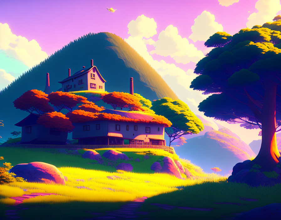 Scenic digital artwork: secluded house on hill with lush greenery